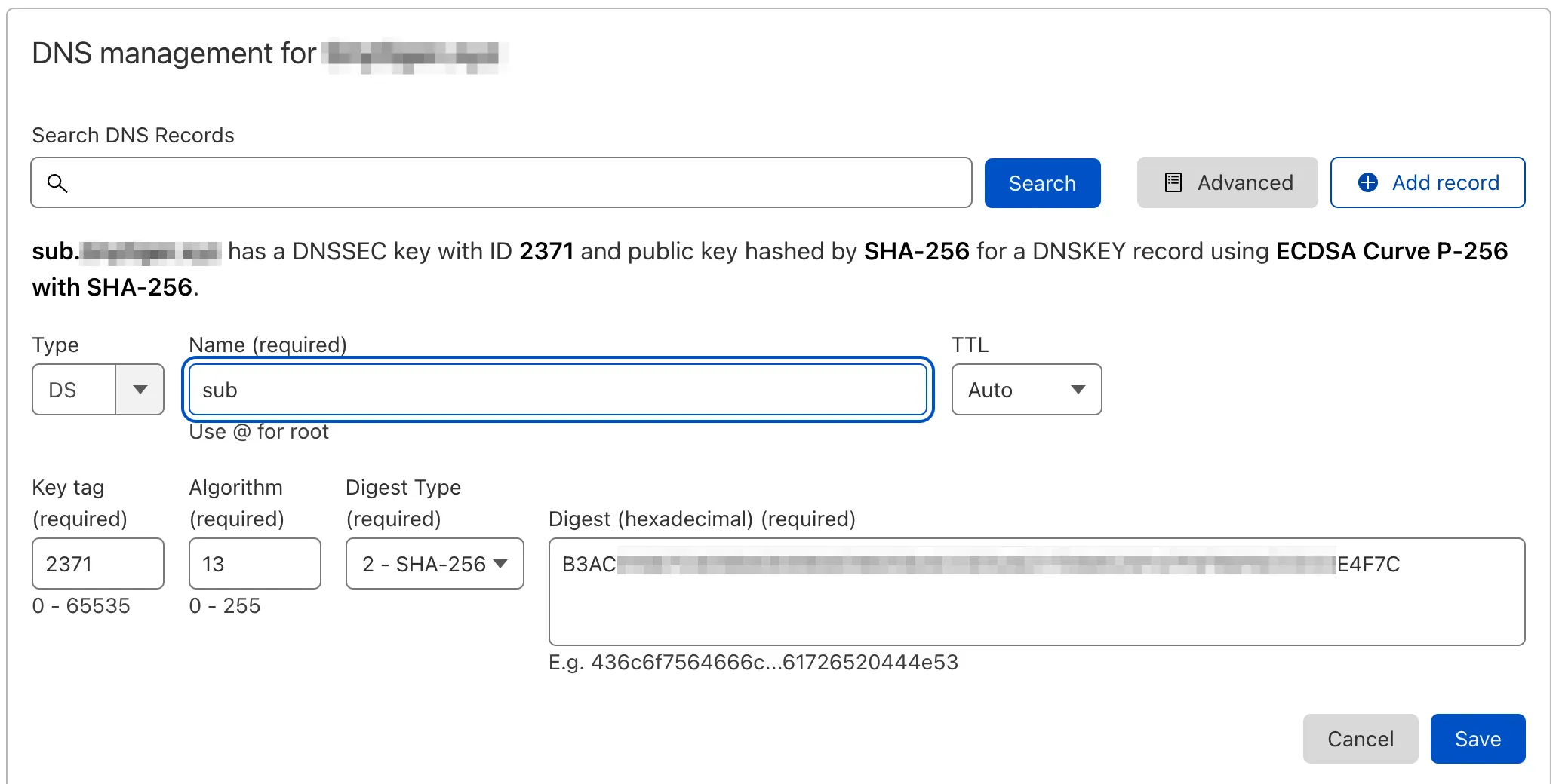 Screenshot showing how to add a DS record within Cloudflare