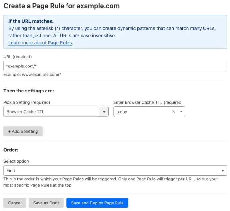 Example Page Rule with 'Browser Cache TTL' setting