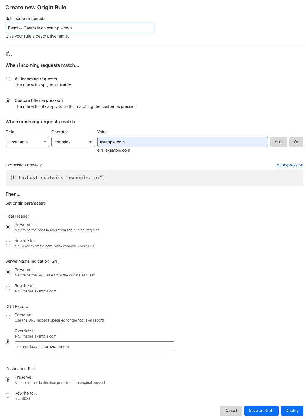 Origin rule matching the 'Resolve Override' setting of the example Page Rule