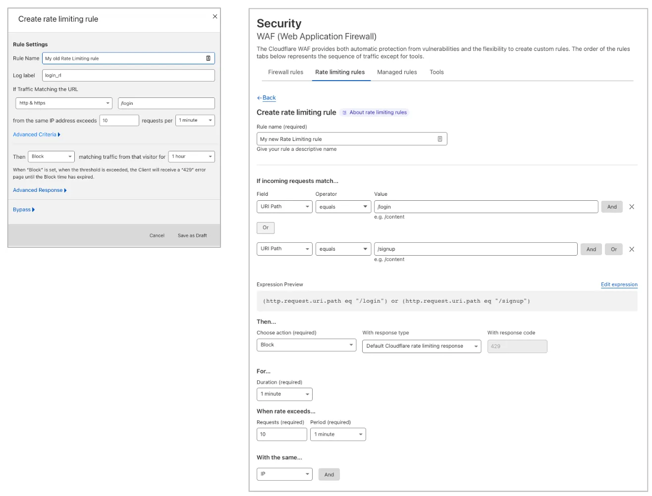 Comparison between rate limiting rule creation pages (old and new version)