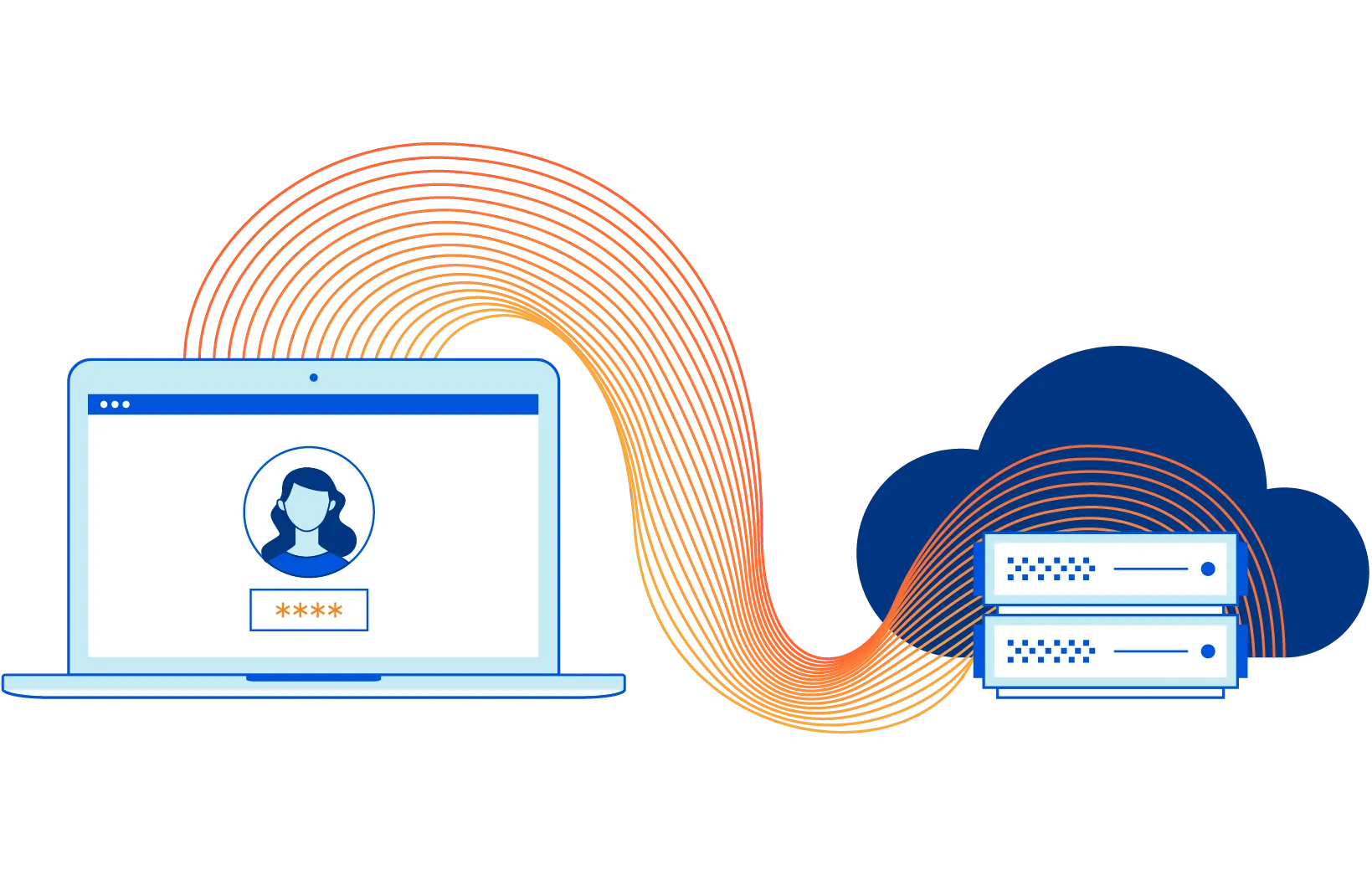 Illustrated laptop with a login screen with a data stream flowing to a cloud server.