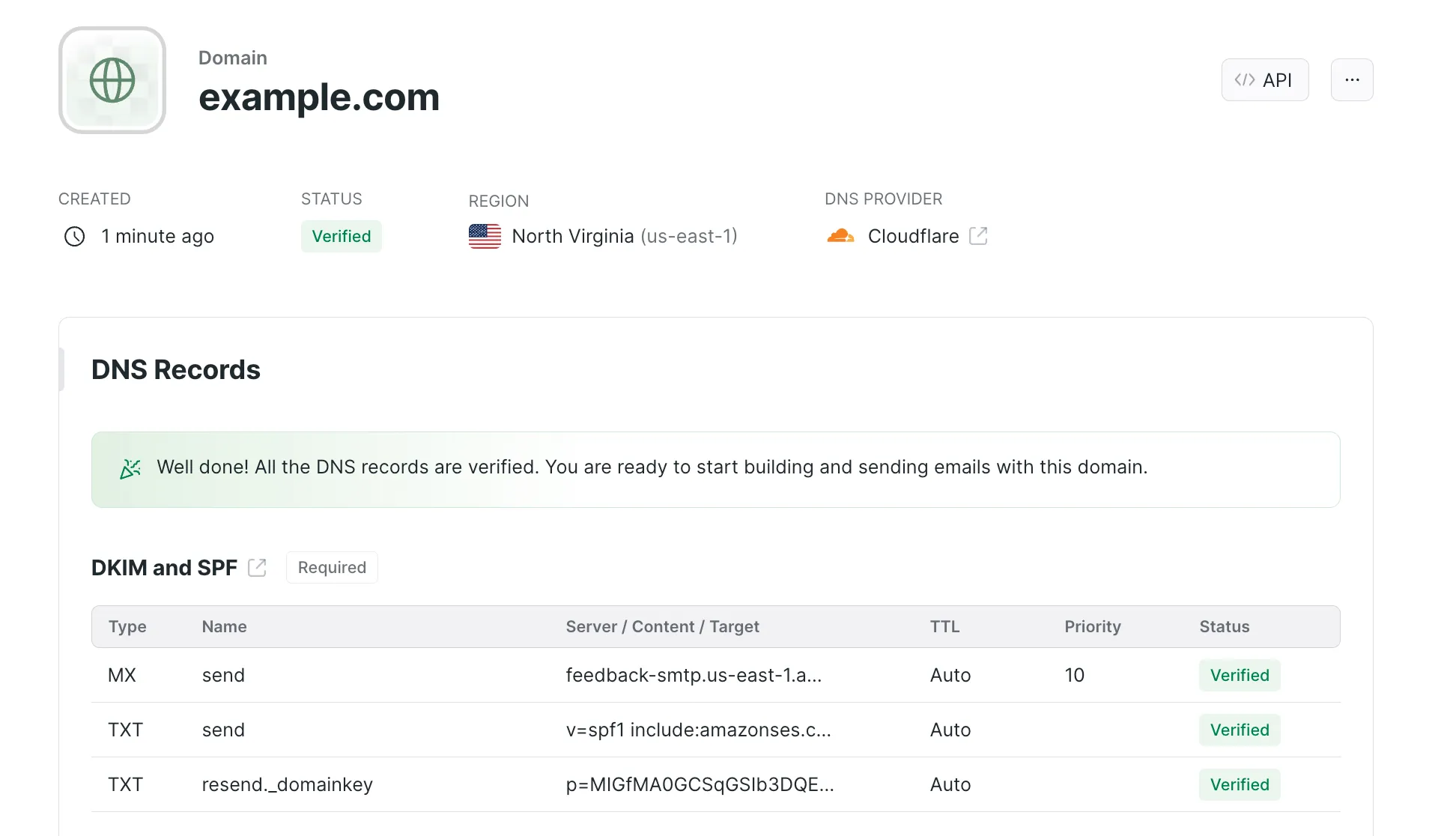 Image of domain verification on the Resend dashboard