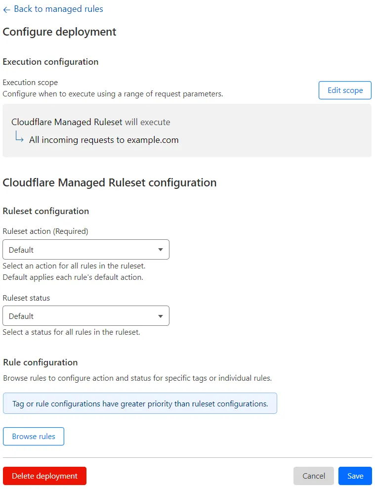 The Configure Managed Ruleset page displaying the available options to override all the rules in the ruleset. In the displayed managed ruleset you can override the ruleset action.